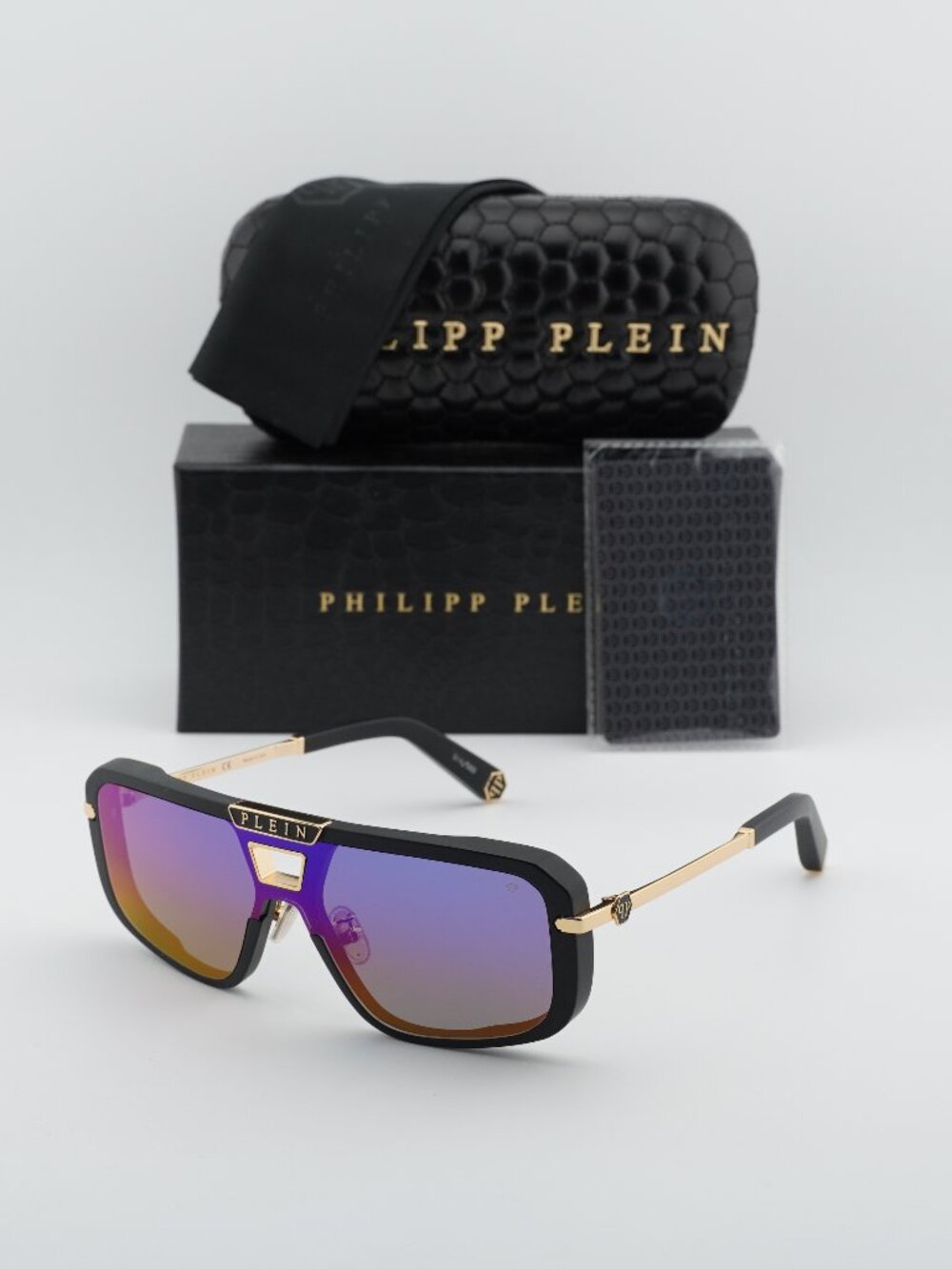 Philipp Plein SPP008M 703V Aviator Sunglasses – Black / Smoke Rainbow